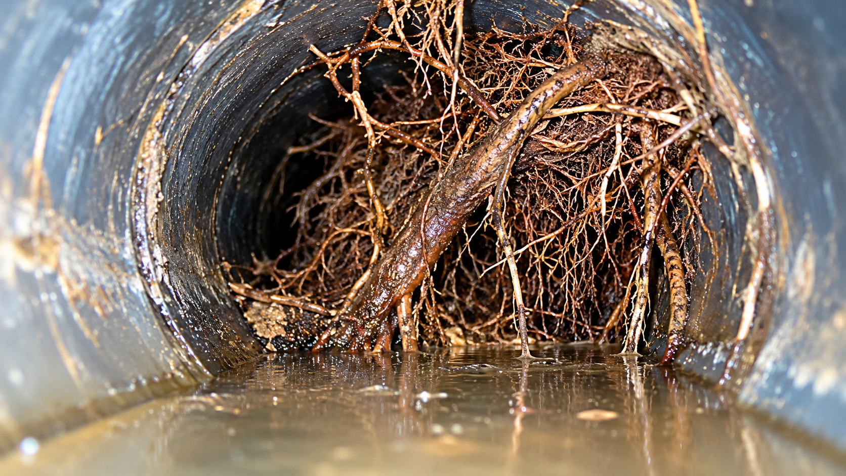 Tree roots inside a sewer pipe